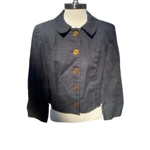 Vintage Kelly Graham Black Linen Cropped Cheetah Button Jacket Size 12